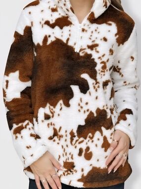 Plush Sherpa Cow-Print Jacket - Brown & White